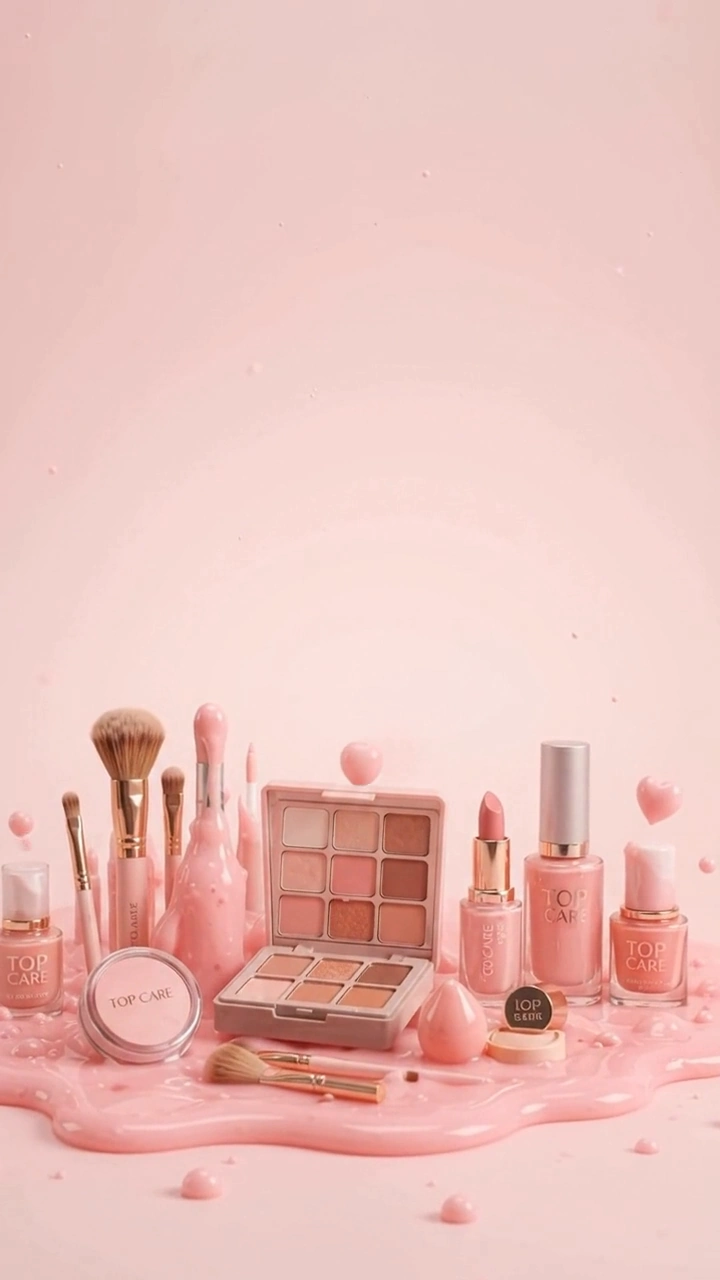 Set de maquillaje TOP CARE sobre un fondo rosado